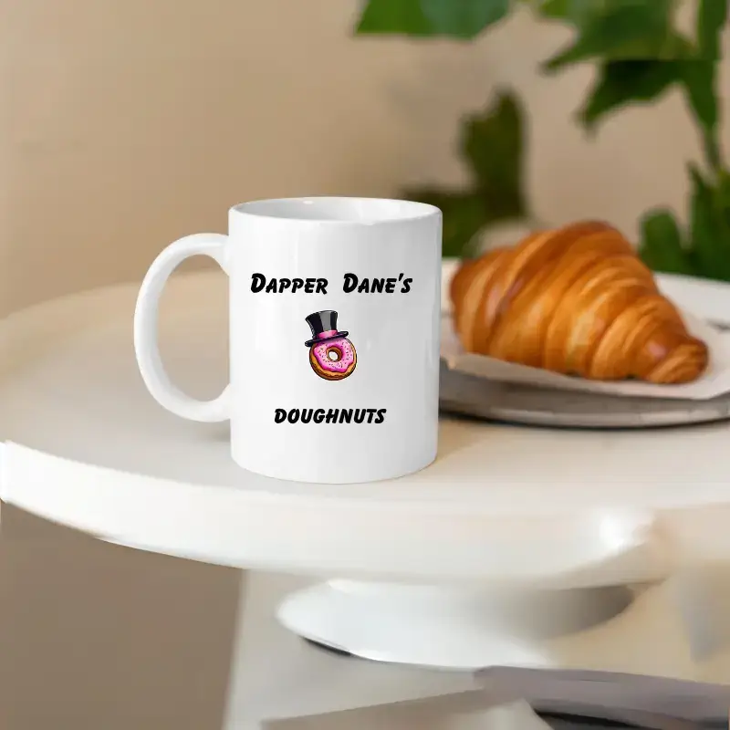 mug with dapper danes doughnuts logo